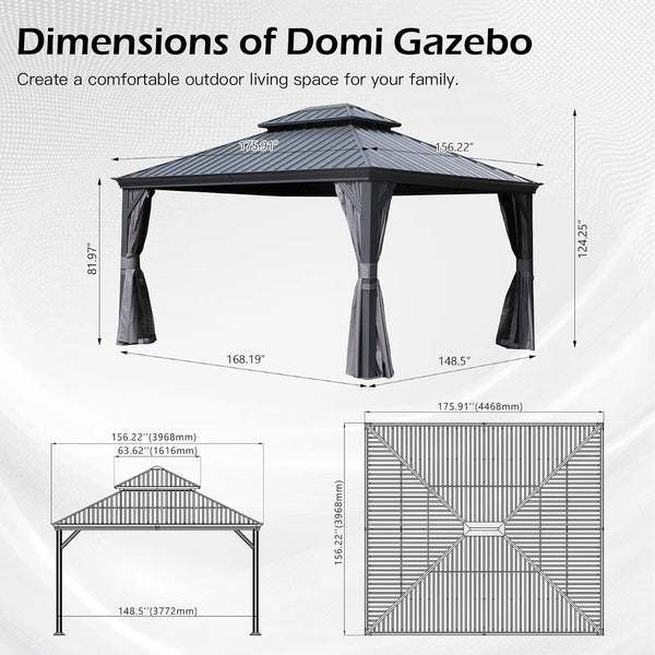 13'X15' Gazebo, Hardtop Gazebo for Patio with Drainage System, Gray